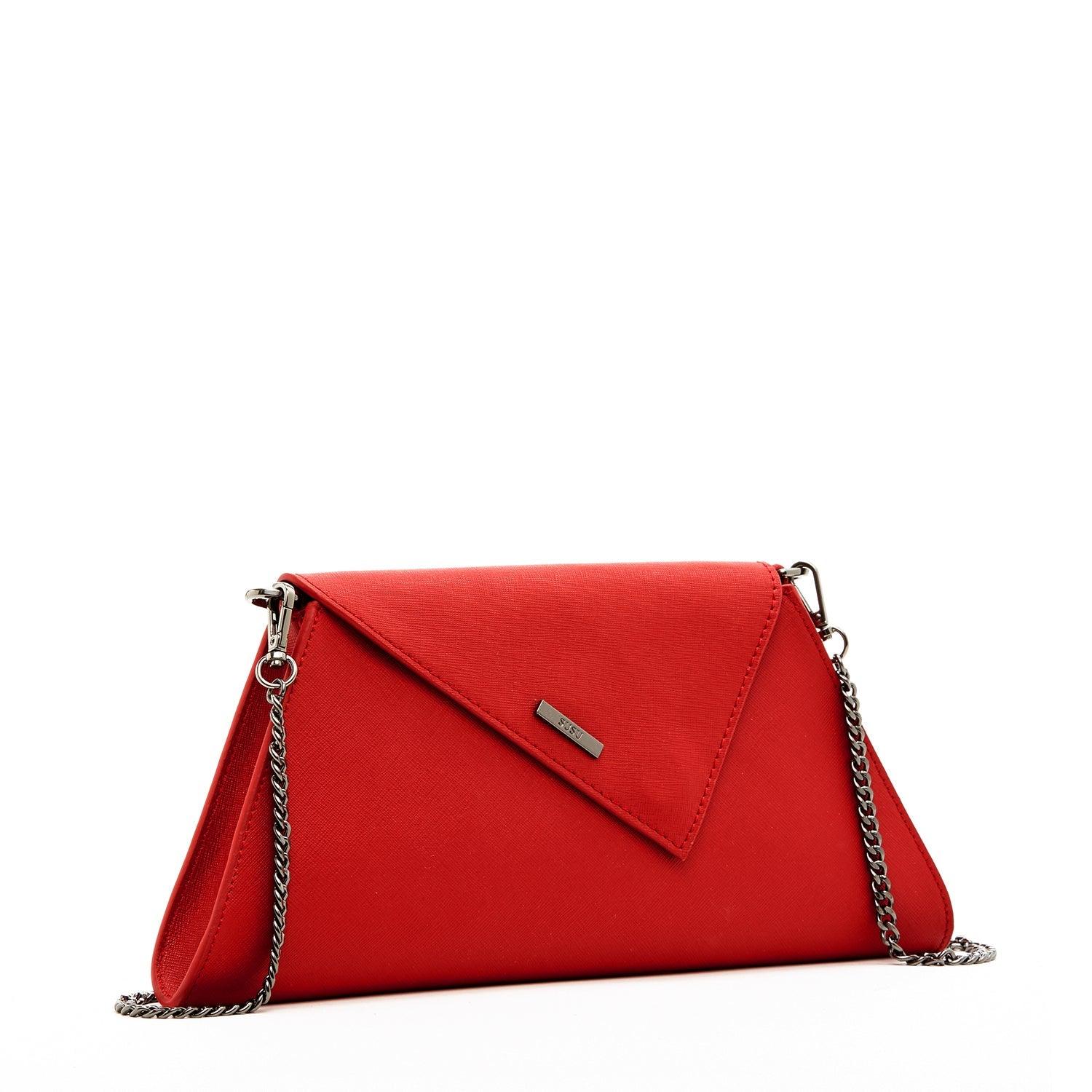 Women's Saffiano Leather Red Clutch Purse With Diagonal Flap - Lovez Aqua© - 