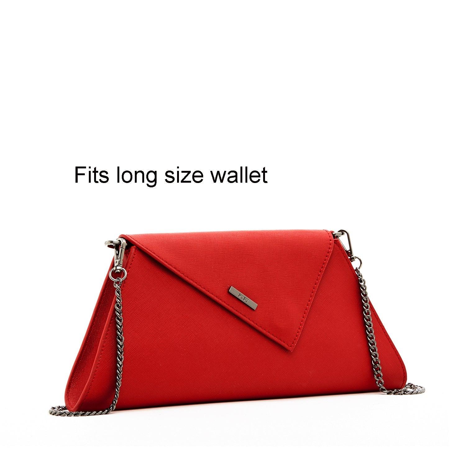 Women's Saffiano Leather Red Clutch Purse With Diagonal Flap - Lovez Aqua© - 