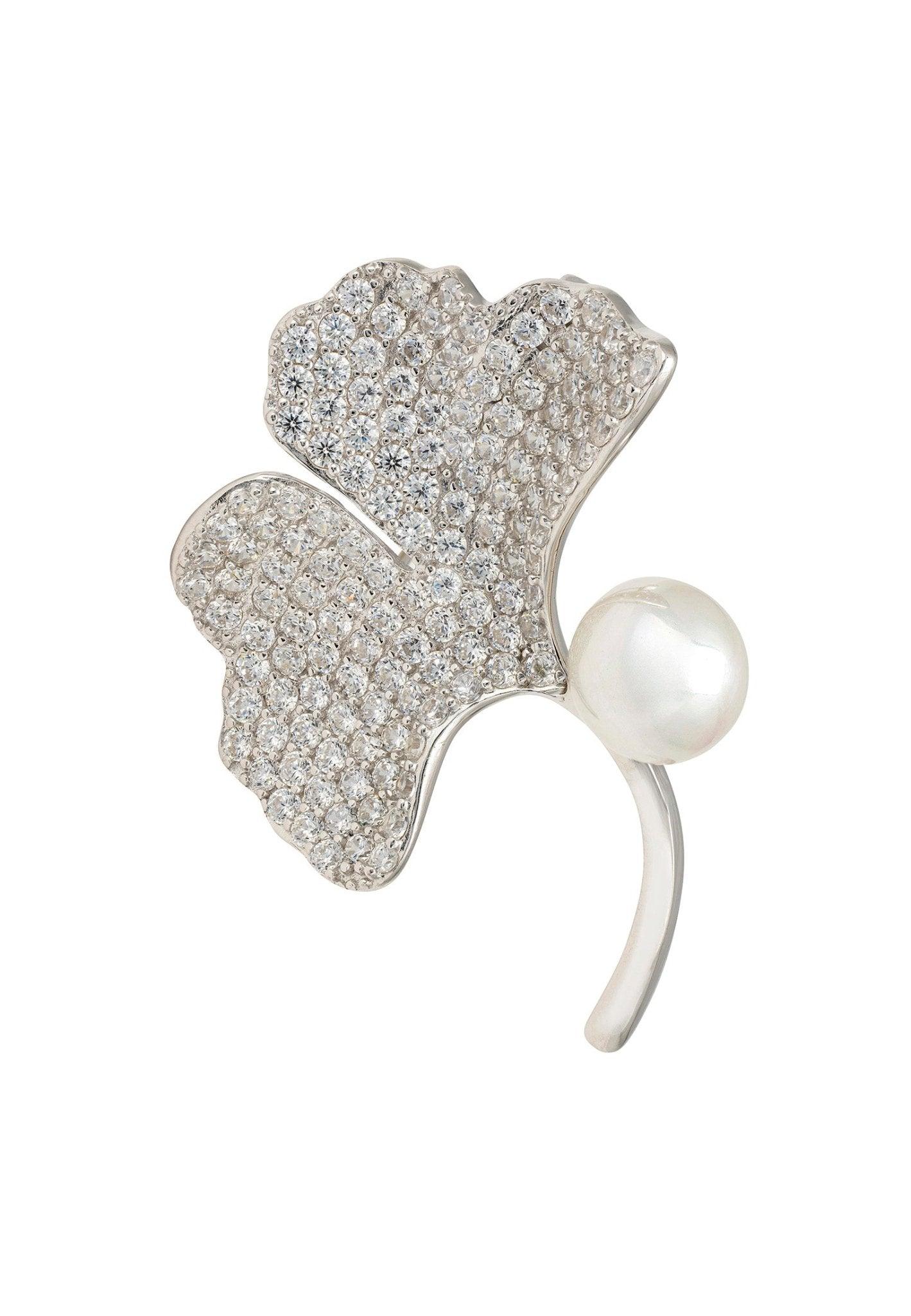 Women's Silver Rhinestone Encrusted Ginkgo Leaf and Pearl Brooch - Lovez Aqua© - 