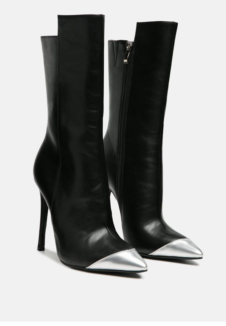 Women’s Stiletto Boots with Silver Toe - Faux Leather Knee-High Heeled Boots - Lovez Aqua© - 