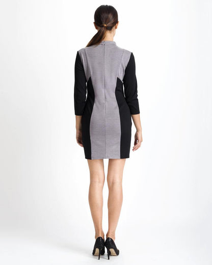 Women's Stylish Gray & Black Geometrical Mini Dress With Three Quarter Sleeves - Lovez Aqua© - 