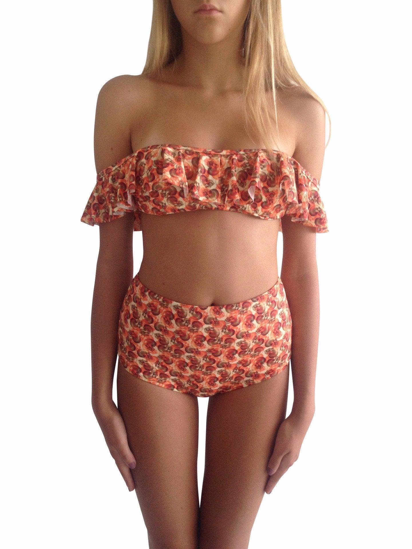 Women's Summer Orange Ruffle Bikini Set with Tropical Papaya Design - Lovez Aqua© - 