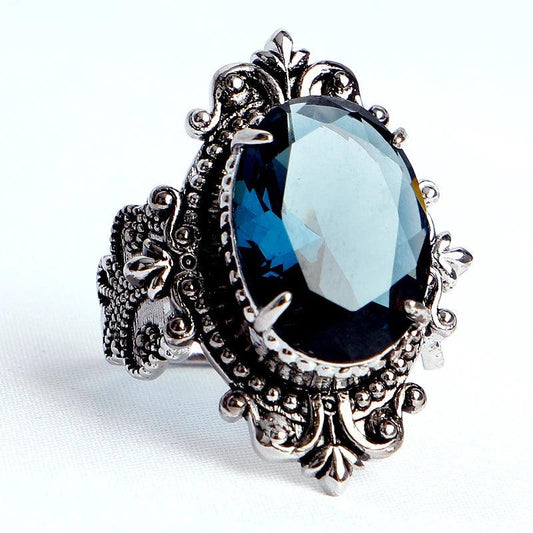 Women's Vintage S925 Sterling Silver Big Oval Shaped Sapphire Gemstone Ring - Lovez Aqua© - 