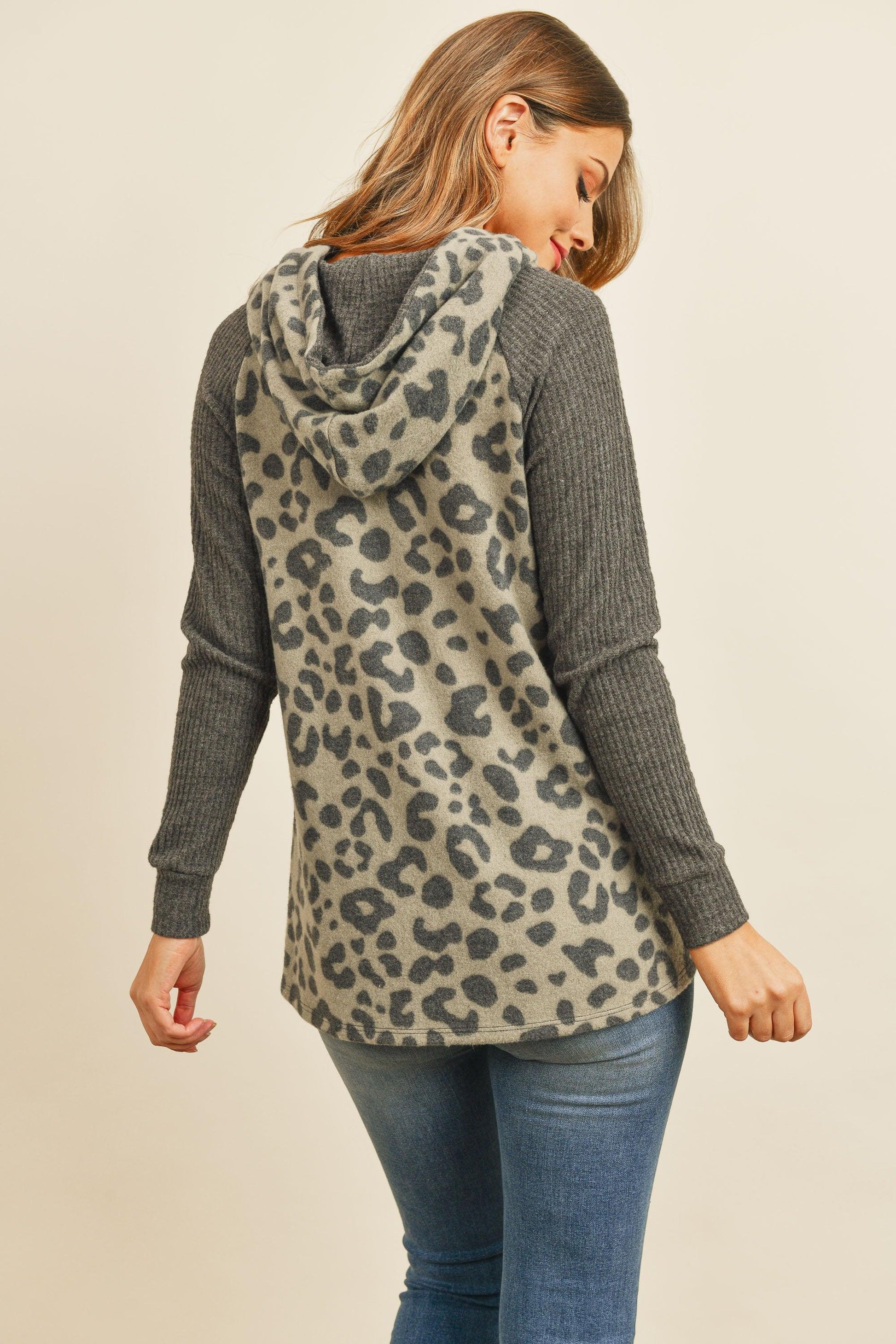 Women's Waffle Sleeve Leopard Animal Print Drawstring Hoodie - Lovez Aqua© - 