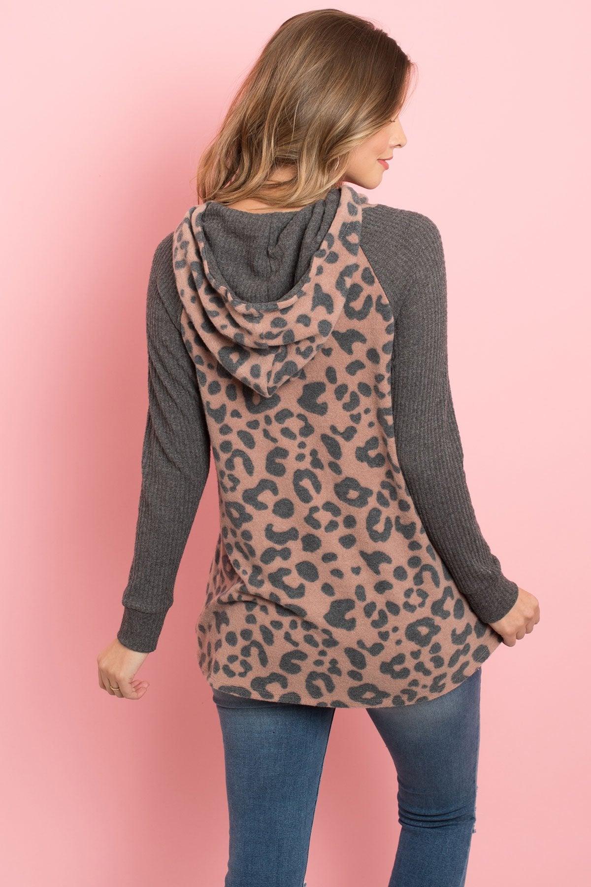 Women's Waffle Sleeve Leopard Animal Print Drawstring Hoodie - Lovez Aqua© - 