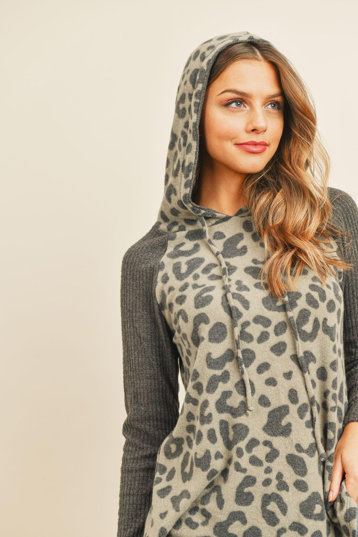 Women's Waffle Sleeve Leopard Animal Print Drawstring Hoodie - Lovez Aqua© - 