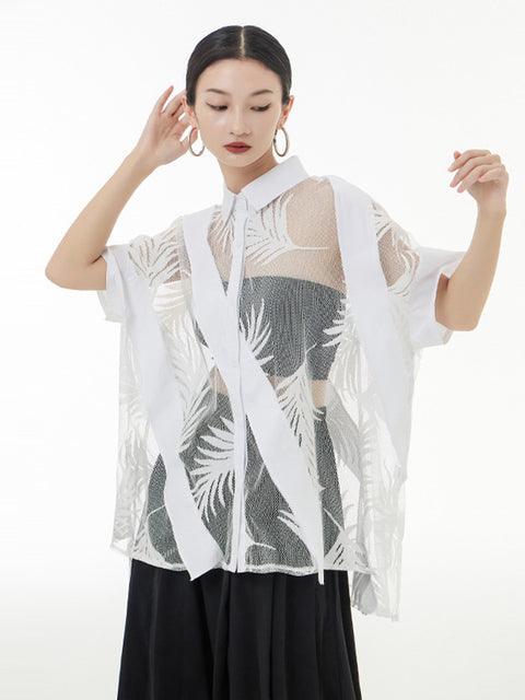 Women's White Sheer Leaf Blouse With Mid-Length Sleeves - Lovez Aqua© - 