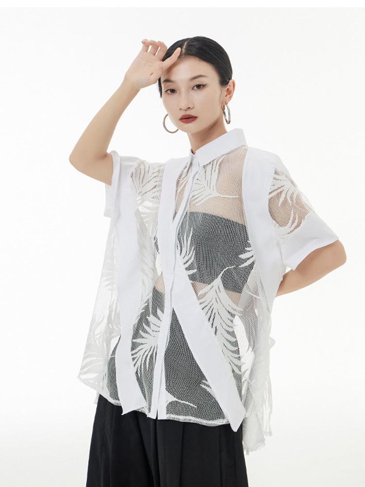 Women's White Sheer Leaf Blouse With Mid-Length Sleeves - Lovez Aqua© - 