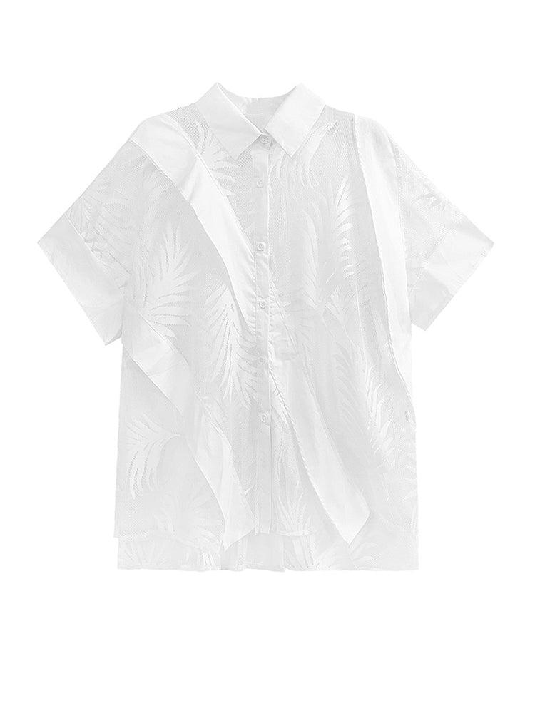 Women's White Sheer Leaf Blouse With Mid-Length Sleeves - Lovez Aqua© - 