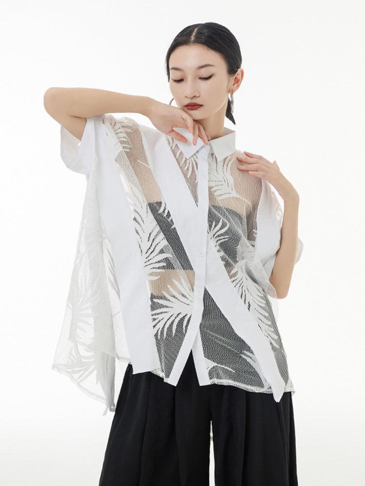 Women's White Sheer Leaf Blouse With Mid-Length Sleeves - Lovez Aqua© - 