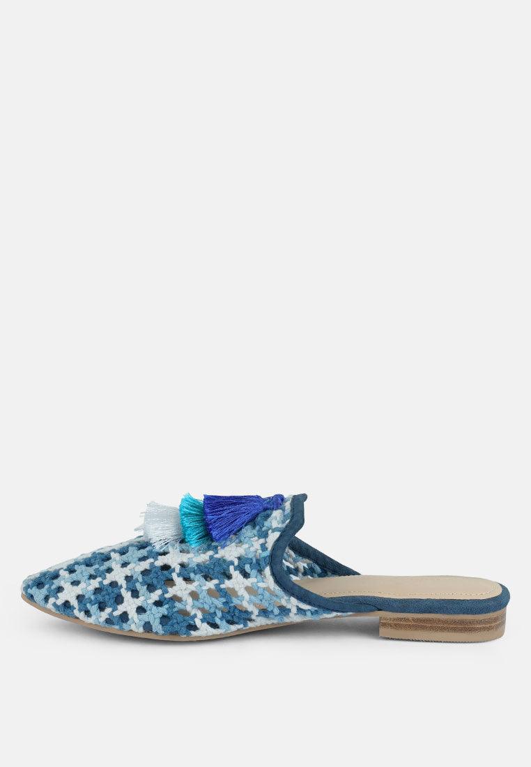 Women's Woven Flat Mules With Tassels - Lovez Aqua© - 