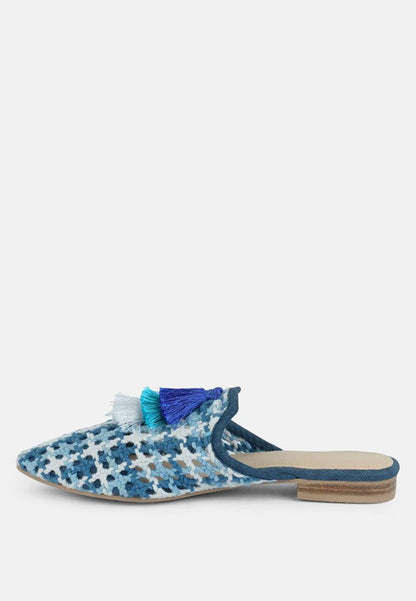 Women's Woven Flat Mules With Tassels - Lovez Aqua© - 