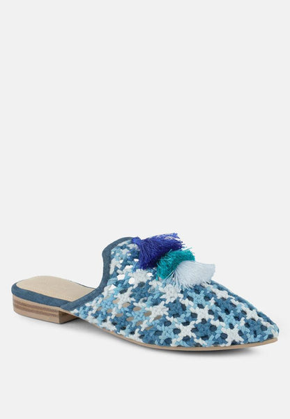 Women's Woven Flat Mules With Tassels - Lovez Aqua© - 