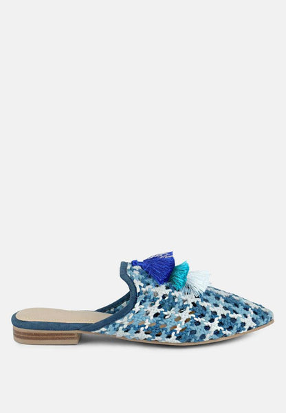 Women's Woven Flat Mules With Tassels - Lovez Aqua© - 