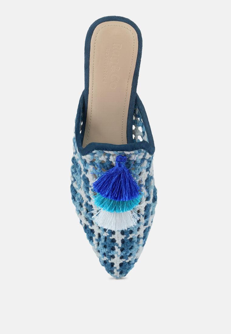 Women's Woven Flat Mules With Tassels - Lovez Aqua© - 