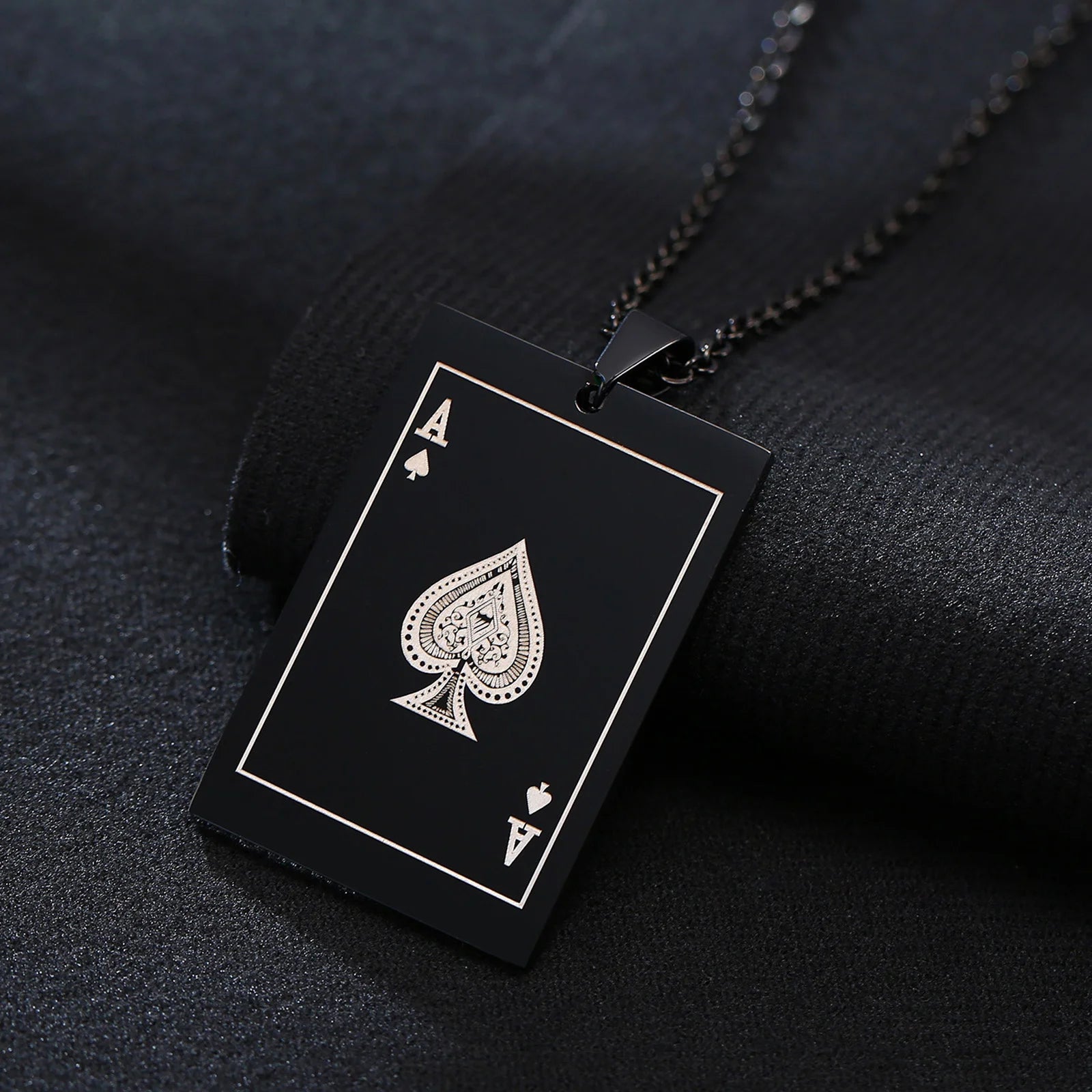 Men's Ace of Spades Poker Card Stainless Steel Dog Tag Necklace - Lovez Aqua© - 