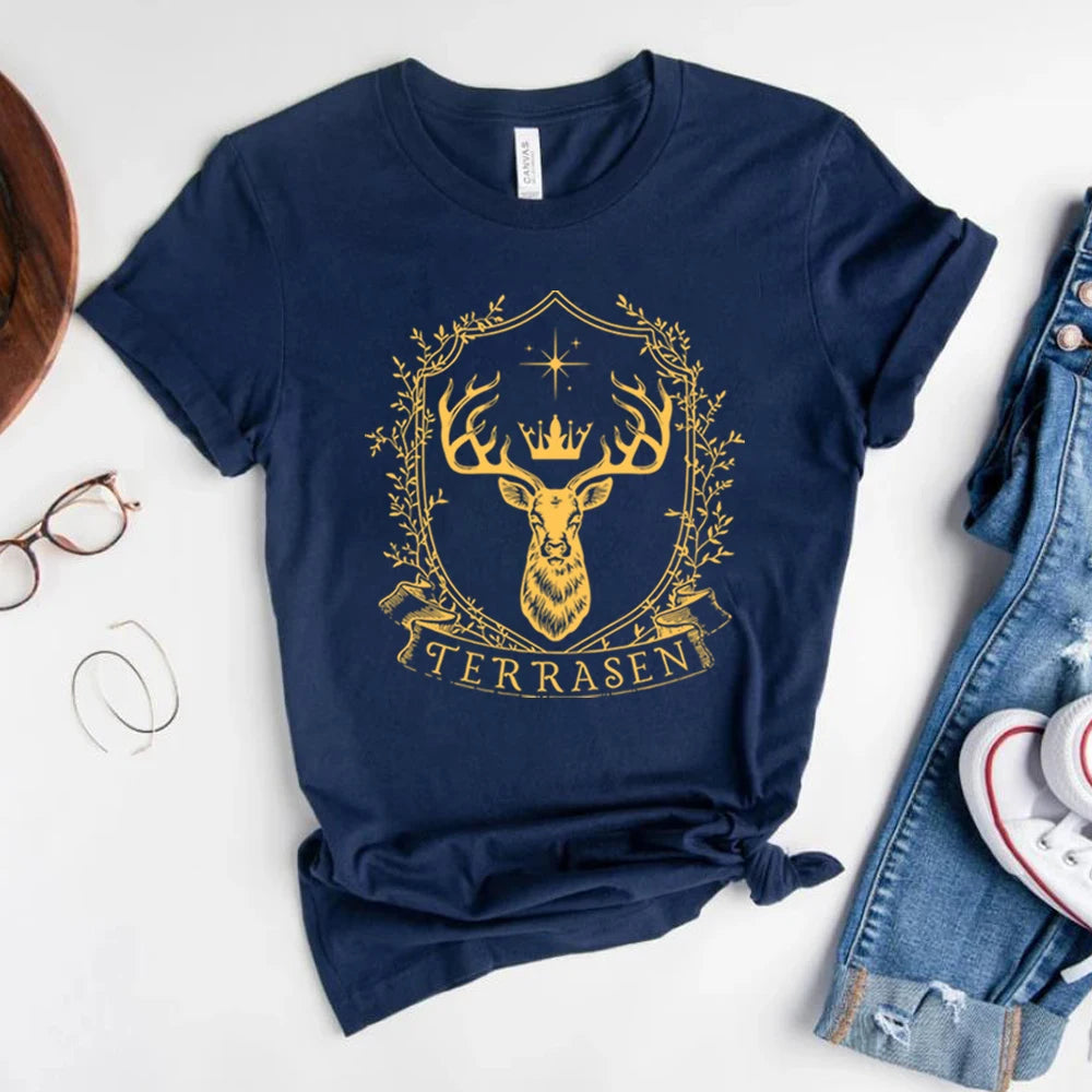 Terrasen The White Stag Throne of Glass Women's Graphic Print T-Shirt - Lovez Aqua© - 