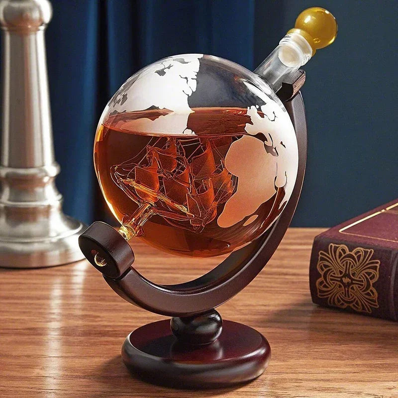 Luxury Globe Whiskey Decanter Set with Carafe Exquisite Wood Stand & Glasses