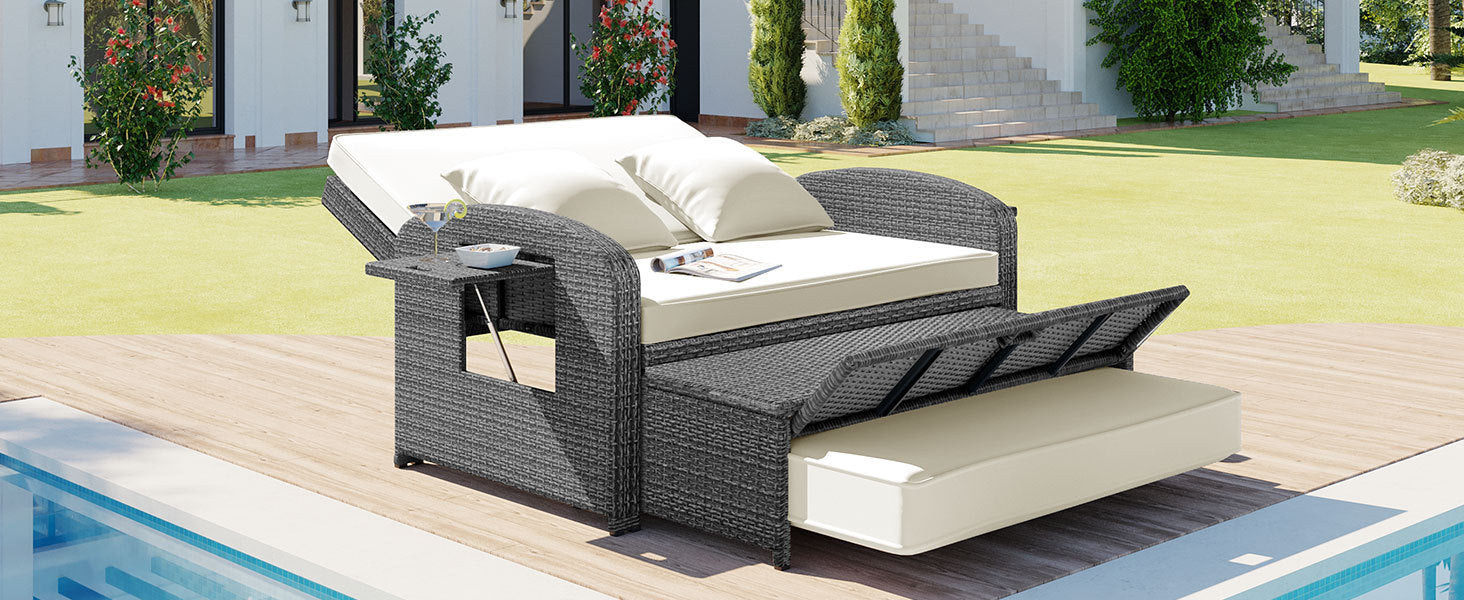 Outdoor PE Wicker Rattan Two Seater Reclining Lounge Daybed with Adjustable Back - 80d3e6-0e.myshopify.com - -  