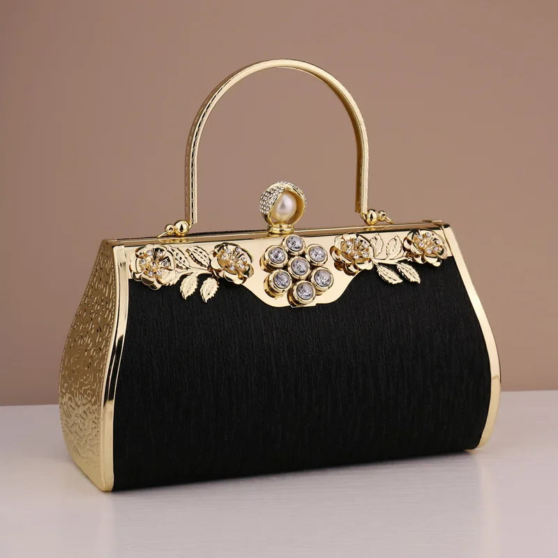 Women's Black Velvet & Gold Engraved Roses Rhinestone Evening Handbag