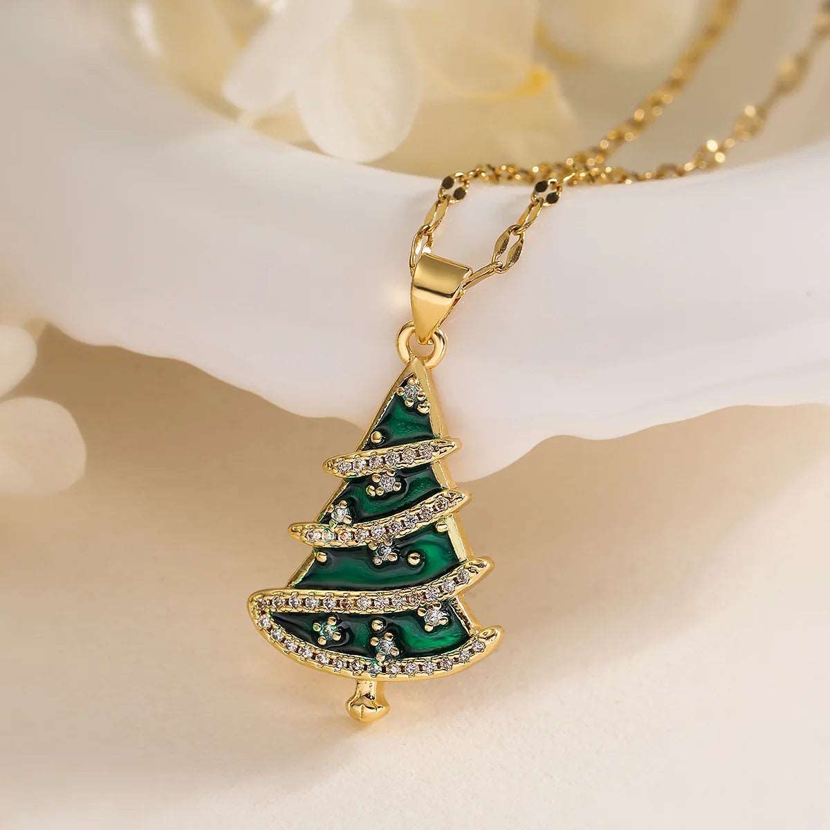 Elegant Red or Green Gold Plated Christmas Tree Festive Women's Necklace