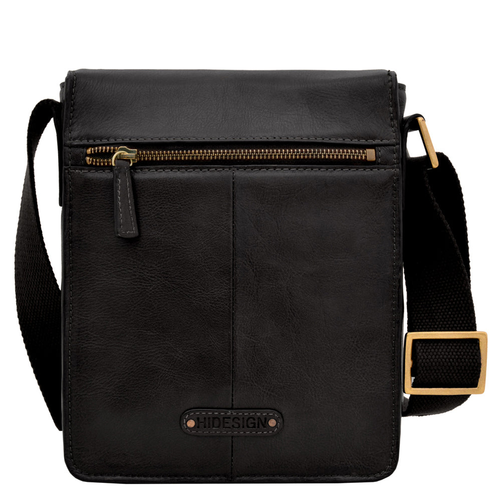 Men's Small Black Leather & Cotton Messenger Crossbody Bag - Lovez Aqua© - 