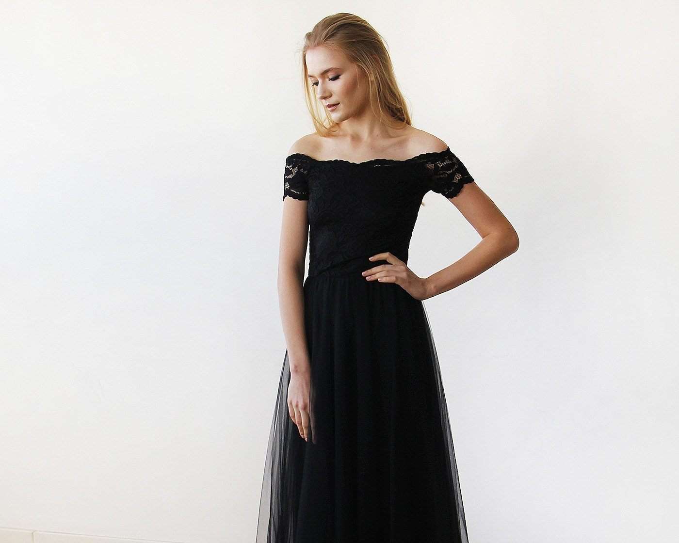 Black Lace Off-The-Shoulder Tulle Short Sleeve Lace Maxi Wedding Dress