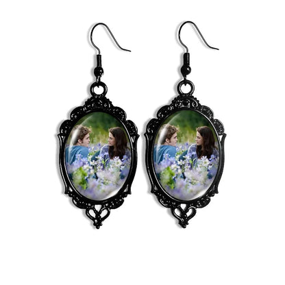 Twilight Movie Photo Oval Glass Cabochons Dangle Black Lace Earrings - Lovez Aqua© - bella swan, edward cullen, jacob black, robert pattinson