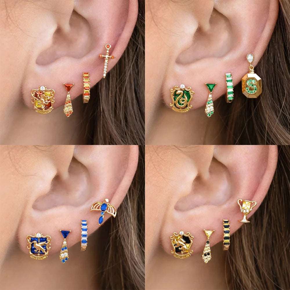 Harry Potter Hogwarts Houses Gold Plated & Zircon Stud Earrings (4 Pieces)