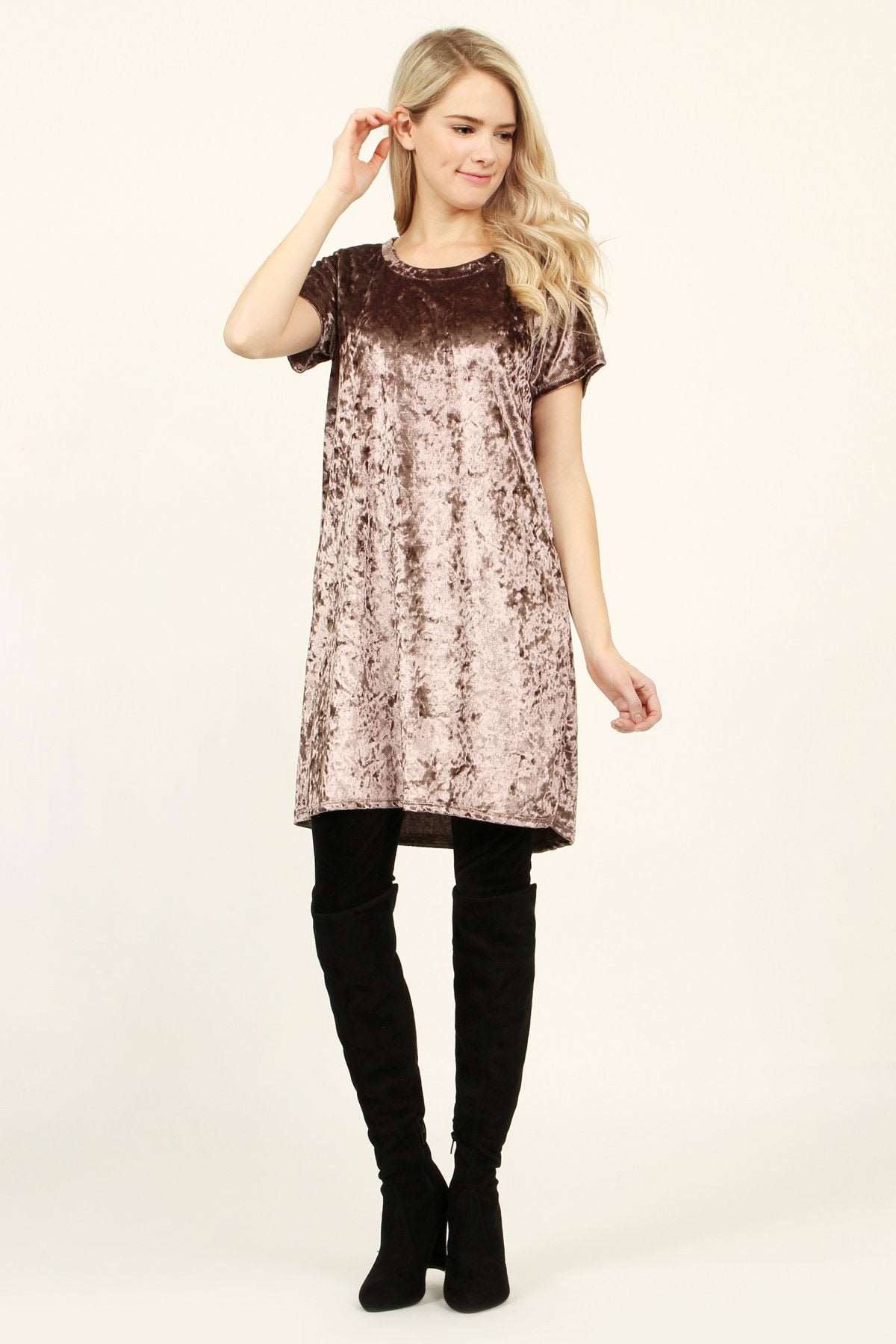 Women's Short Sleeve Relaxed Fit Crushed Velvet Tunic Dress