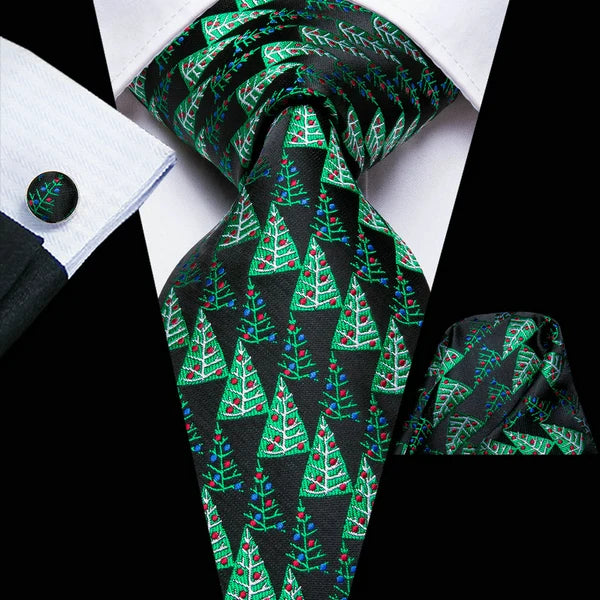 Men's Christmas Themed Festive Silk Necktie, Pocket Square & Cufflink Set - Lovez Aqua© - 