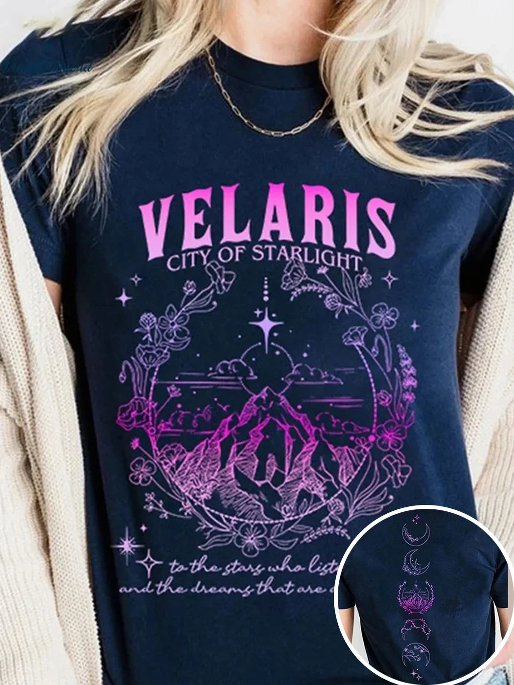 Double Sided Velaris City of Starlight ACOTAR Women's Gradient Cotton T-Shirt - Lovez Aqua© - 