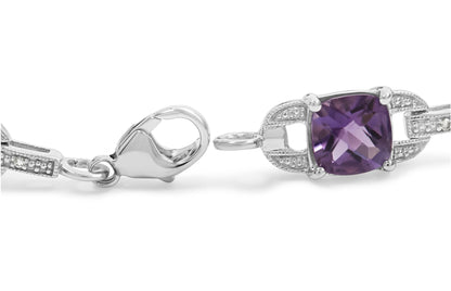 925 Sterling Silver Cushion Cut Amethyst Gemstone & Diamond Tennis Link Bracelet