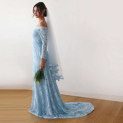 Light Blue Off-The-Shoulder A-Line Lace Wedding Dress with Train & Long Sleeves