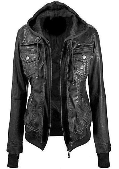 Women's Genuine Lambskin Leather Jacket with Fleece Hoodie & Pockets