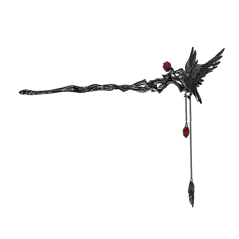 Gothic Style Dangling Red Crystals & Black Raven Bird Pendant Women's Hairpin - Lovez Aqua© - 