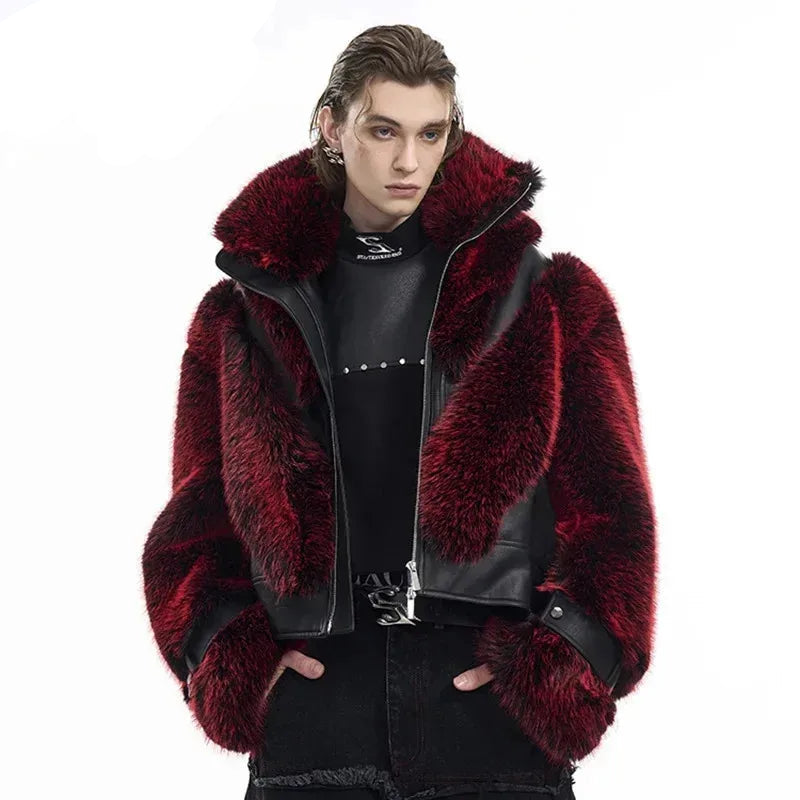 Men's Gothic Punk Black Leather Patchwork Plush Crimson/Green Faux Fur Jacket - 80d3e6-0e.myshopify.com - -  