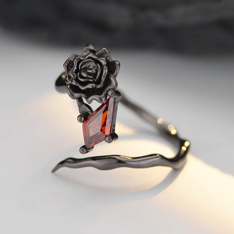 S925 Sterling Silver Black Rose & Red Diamond Zircon Women's Gothic Ring - Lovez Aqua© - 