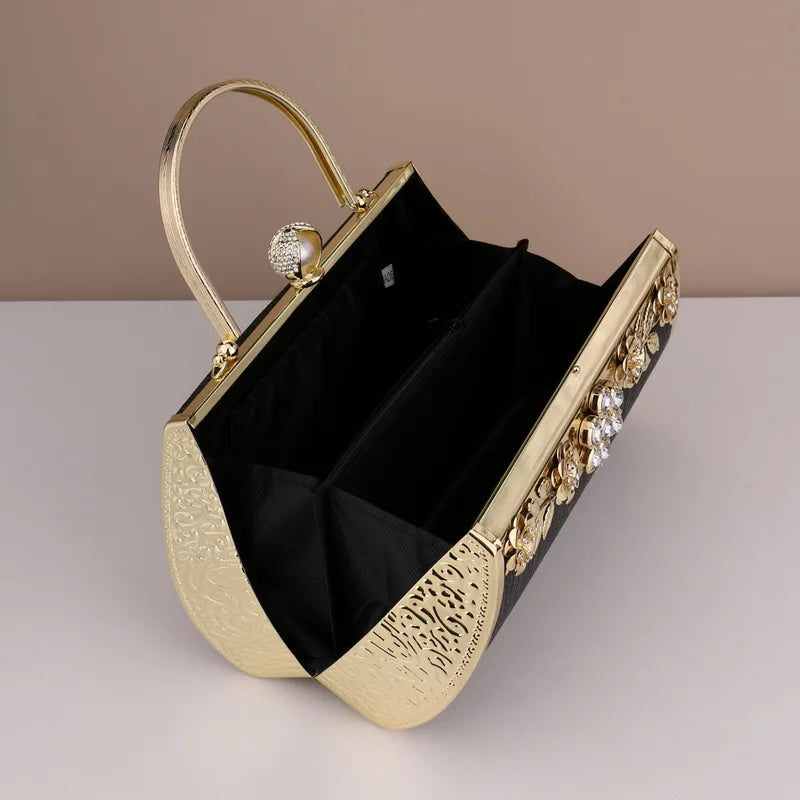 Women's Black Velvet & Gold Engraved Roses Rhinestone Evening Handbag