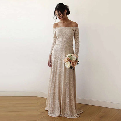 Champagne Off-The-Shoulder Long Sleeve Lace Wedding Dress with Scallop Neckline