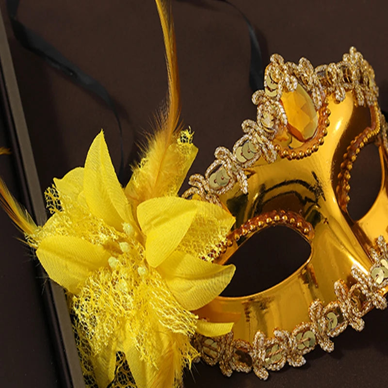 Deep Gold Half Face Women's Venetian Masquerade Festival Mask with Yellow Flower - Lovez Aqua© - 