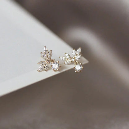 925 Sterling Silver Sparkling Water Drop Zircon Petal Wing Women's Stud Earrings