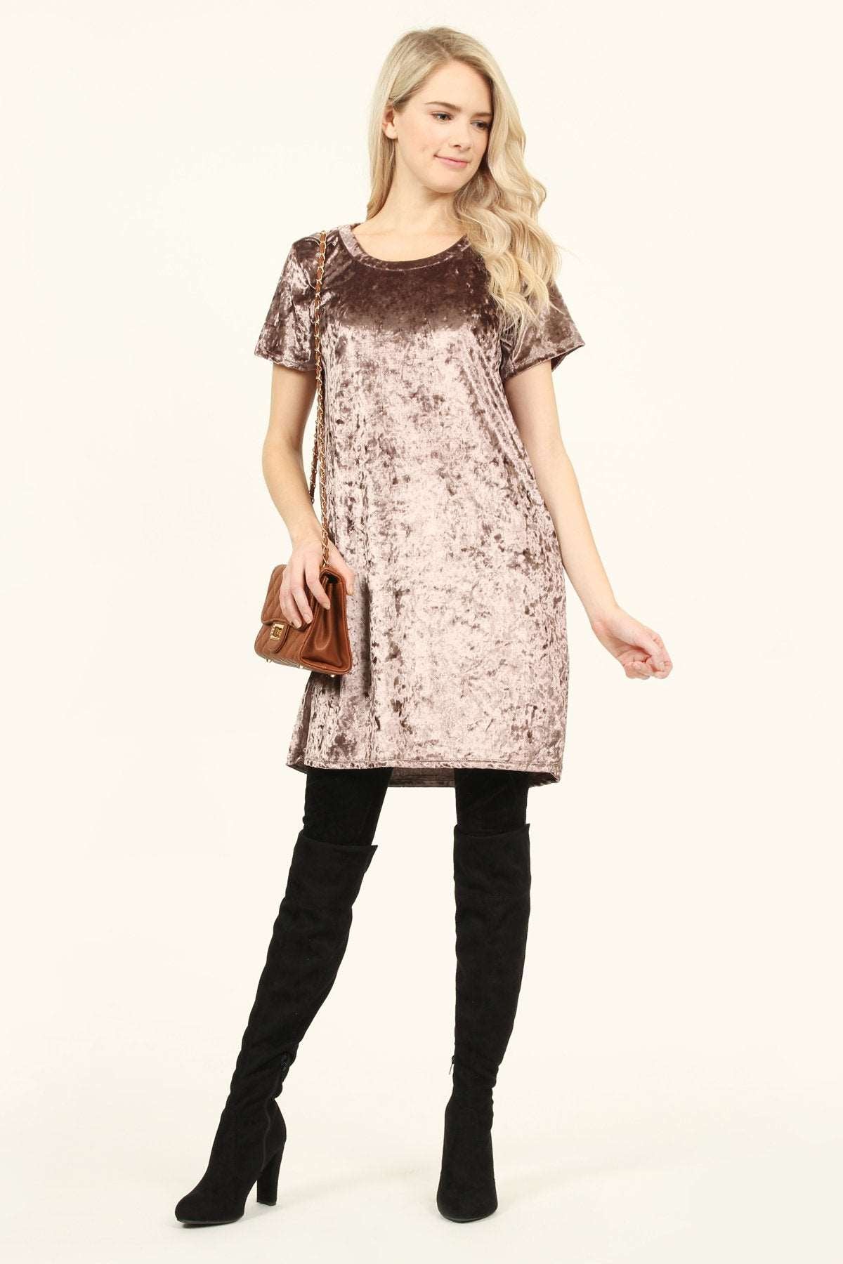 Women's Short Sleeve Relaxed Fit Crushed Velvet Tunic Dress