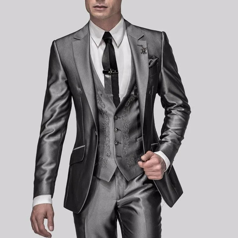 Men's Shiny Metallic Embroidered 3 Piece Suit Set (Jacket, Pants & Vest) - Lovez Aqua© - black, gray, red, silver, white