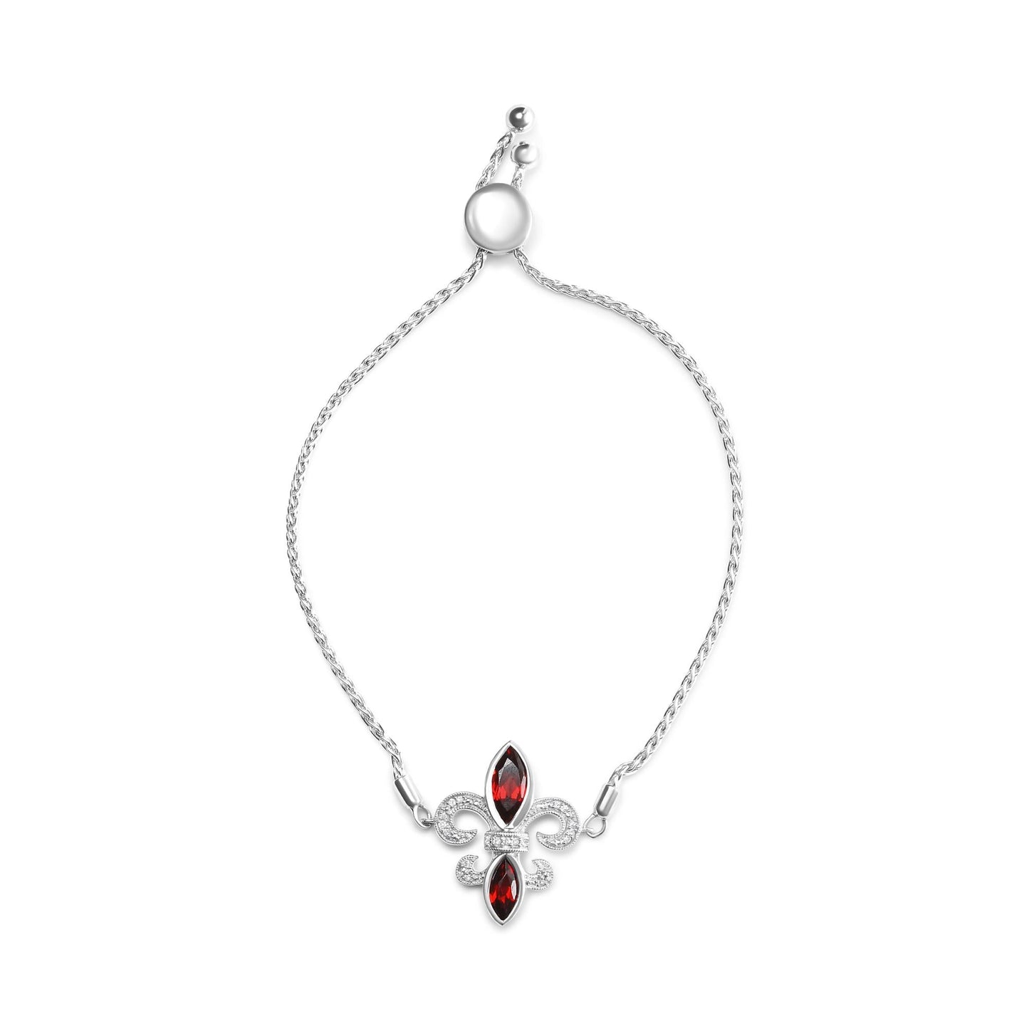 925 Sterling Silver Marquise Garnet & Diamond Lariat Fleur De Lis Bolo Bracelet