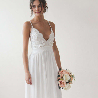 White Floral Lace Spaghetti Straps Maxi Wedding Dress with Scalloped V-Neckline