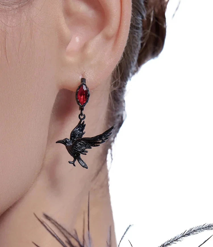 Gothic Black Raven & Red Ruby Crystal Embellished Women's Dangle Earrings - Lovez Aqua© - 