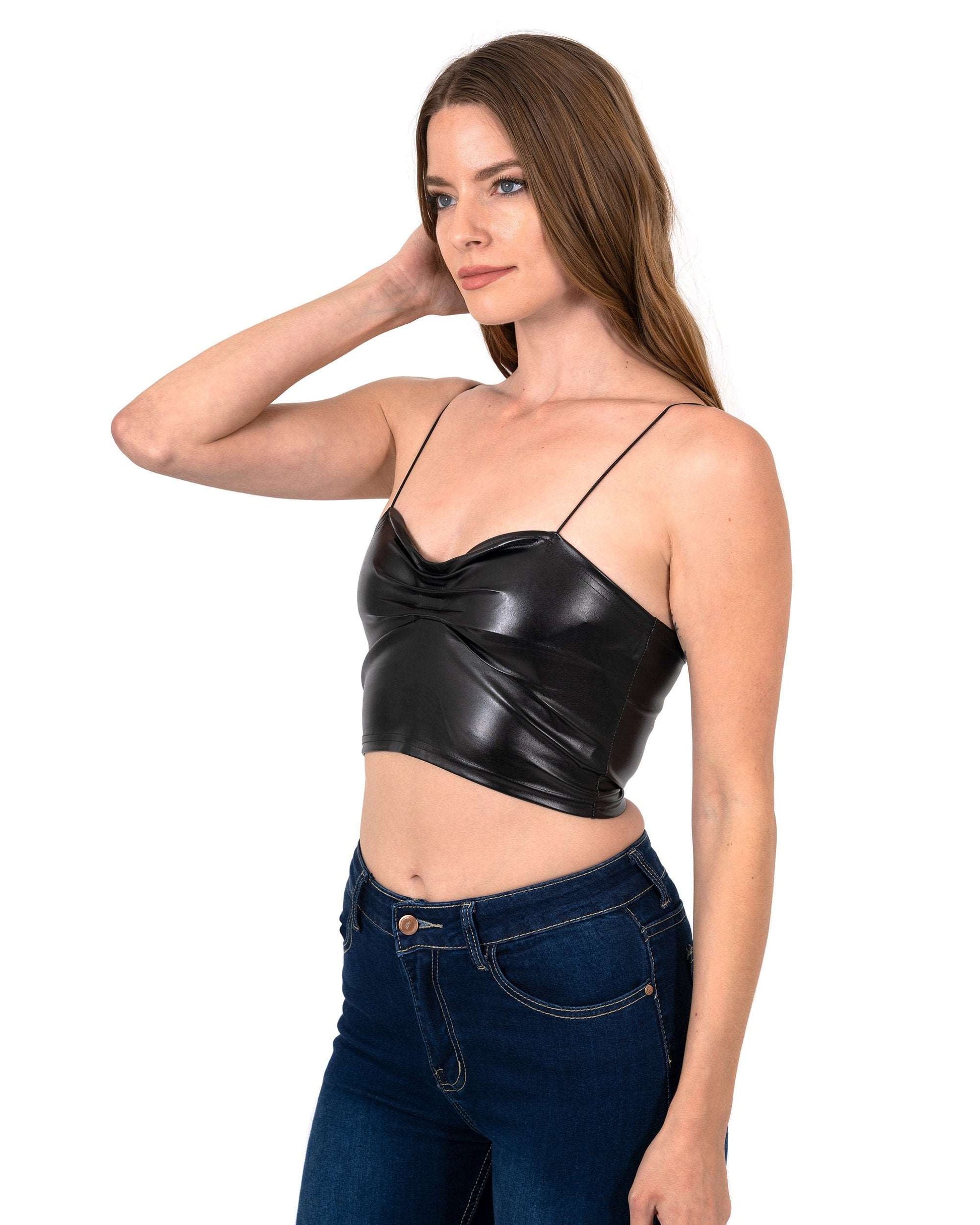 Women's Black Vegan Leather Spaghetti Strap Bralette