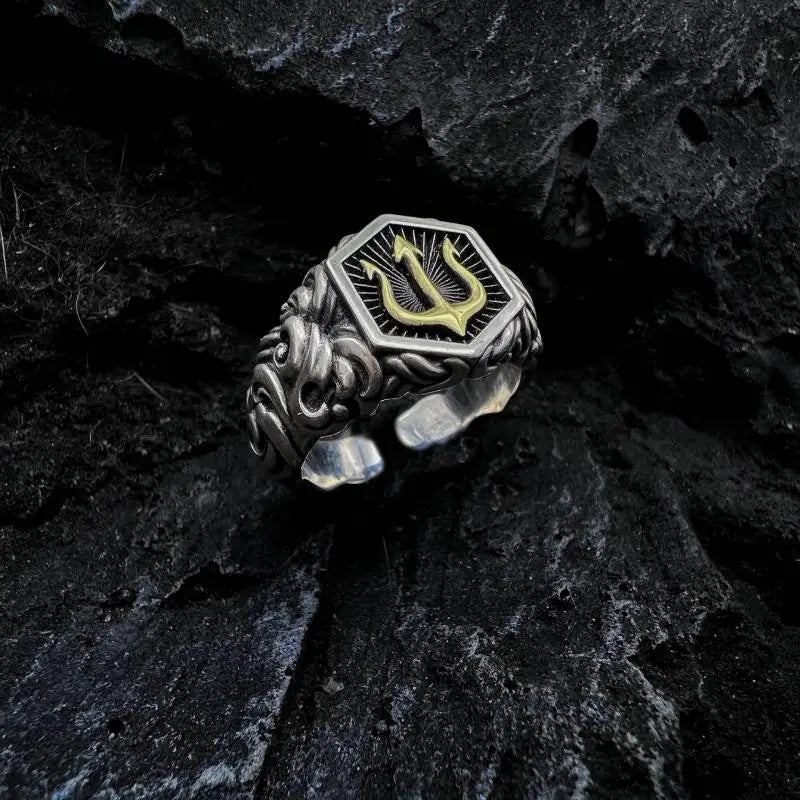 Disney's Percy Jackson Men's Vintage Poseidon Trident Adjustable Ring - Lovez Aqua© - 