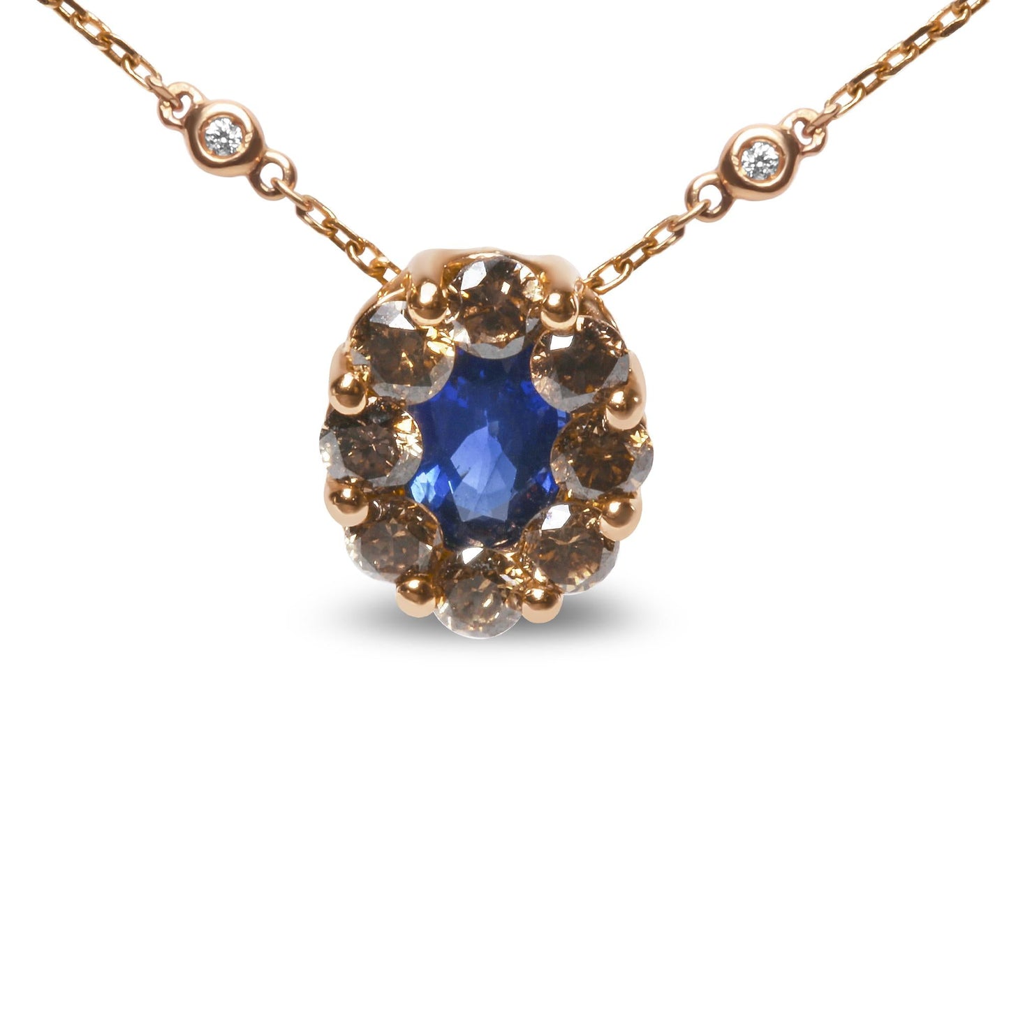 18K Rose Gold White & Brown Diamonds with Oval Blue Sapphire Halo Cluster